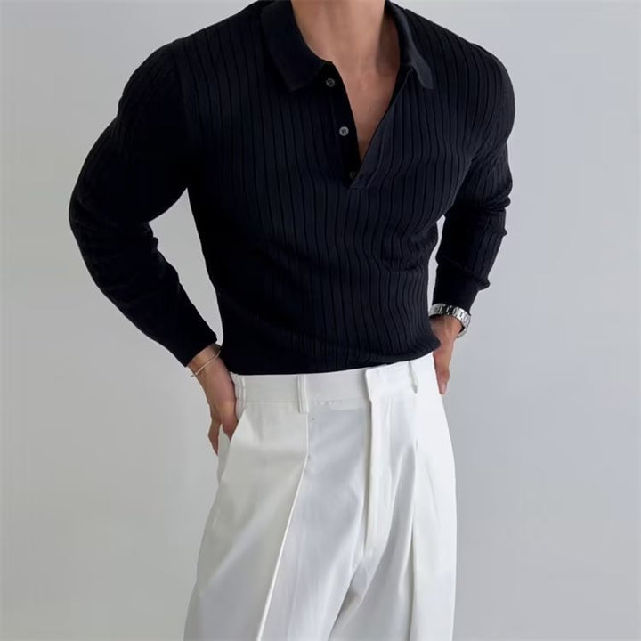 Men's Lapel Button Long Sleeve Polo Shirt Slim Fashion Solid Striped Knitted Bottoming Shirt Top