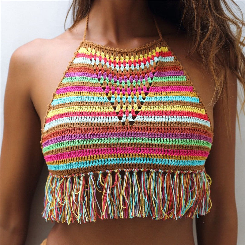 Crochet Colours Stripes Bikini Top Beach Women Tassel Swimwear Top