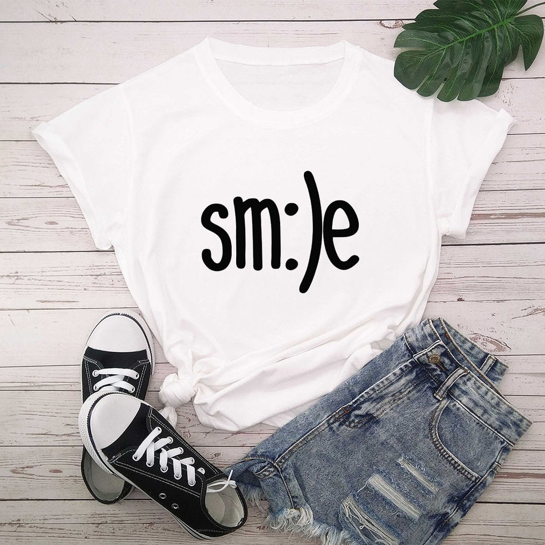 S-5XL Plus Size TShirt Women New Smile Letter Printed Shirt O Neck Short Sleeve Tees Summer Top 100%cotton Women's T-shirts