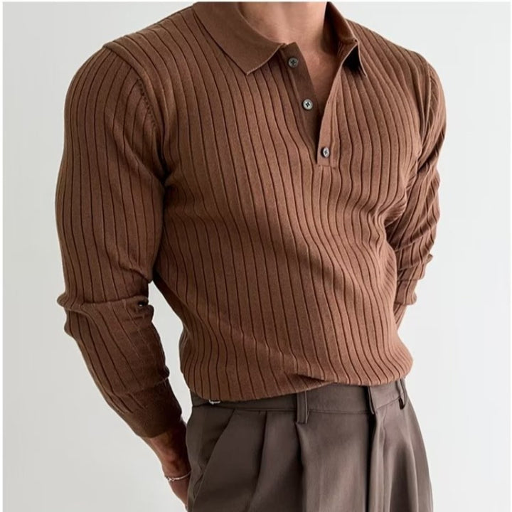 Men's Lapel Button Long Sleeve Polo Shirt Slim Fashion Solid Striped Knitted Bottoming Shirt Top