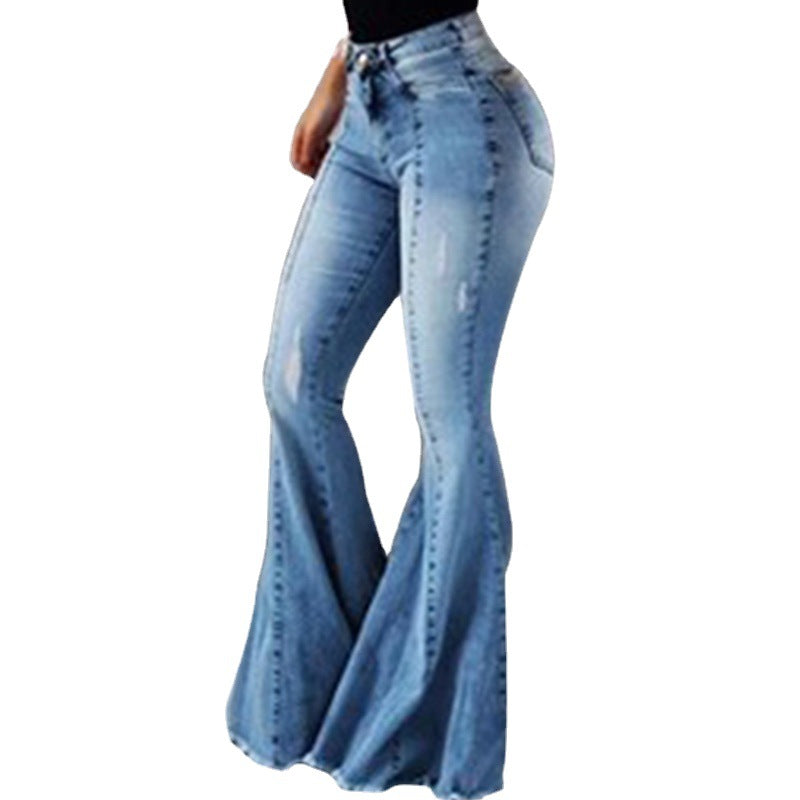 Buy Elastic High Waist Ripped Denim Bell-bottom Pants - Trendy Women's Street Hipster Style