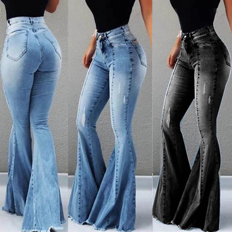 Buy Elastic High Waist Ripped Denim Bell-bottom Pants - Trendy Women's Street Hipster Style