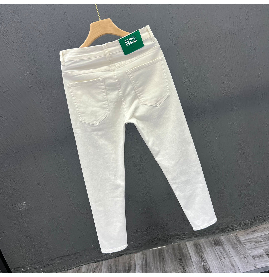 Mens Trendy Youth Simple Casual White Trousers Jeans