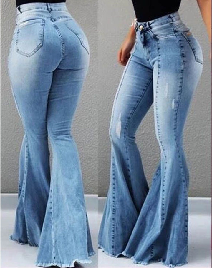 Buy Elastic High Waist Ripped Denim Bell-bottom Pants - Trendy Women's Street Hipster Style