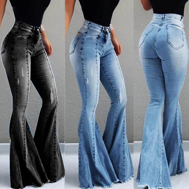 Buy Elastic High Waist Ripped Denim Bell-bottom Pants - Trendy Women's Street Hipster Style